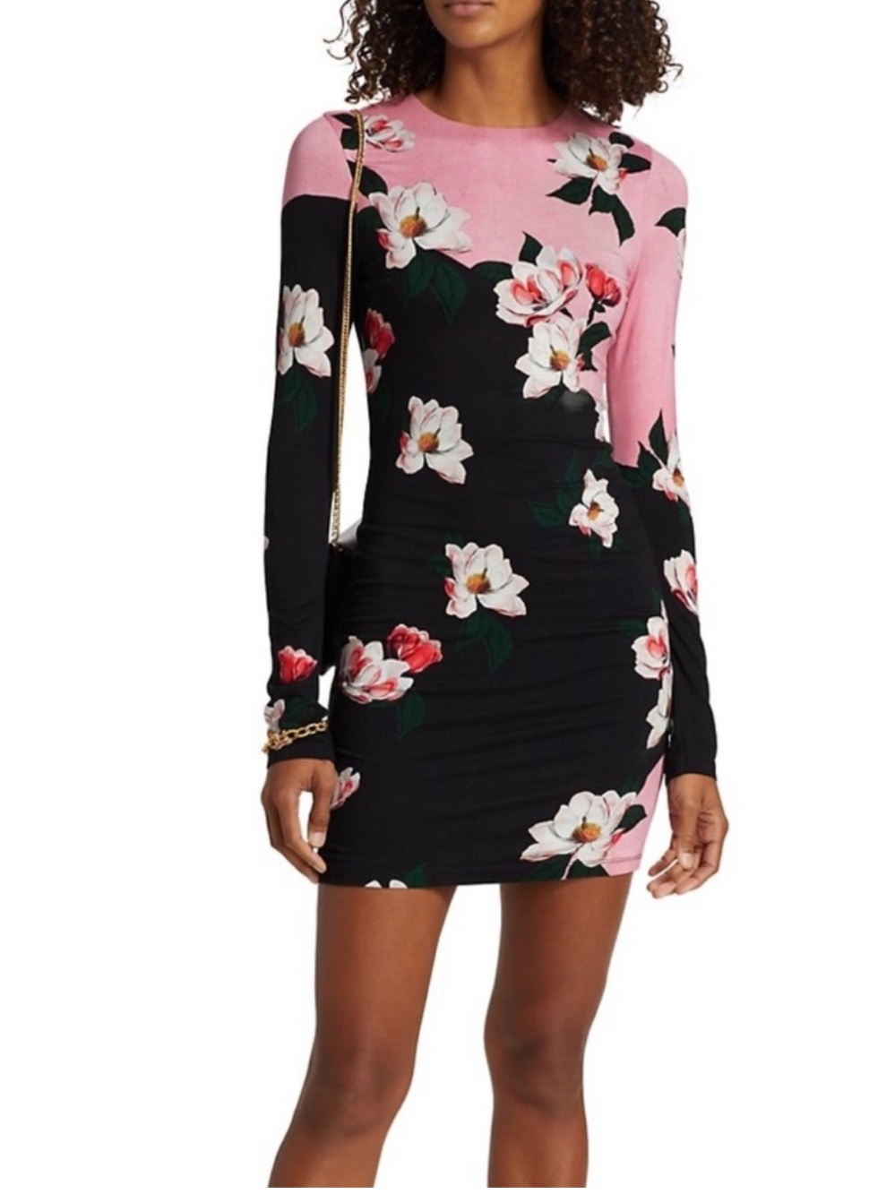 Alice + Olivia Pink and Black Floral Long-Sleeve Bodycon Dress